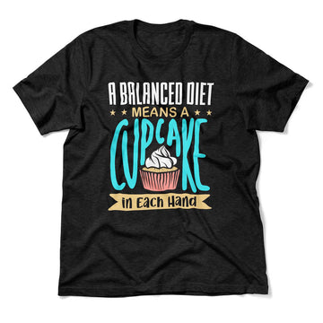A Balanced Diet Means, A Cake In Each Hand Men/Unisex T-Shirt in Heather Black color